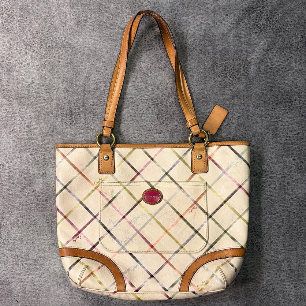 Coach Peyton Tattersall Tote Ivory Leather Bag
